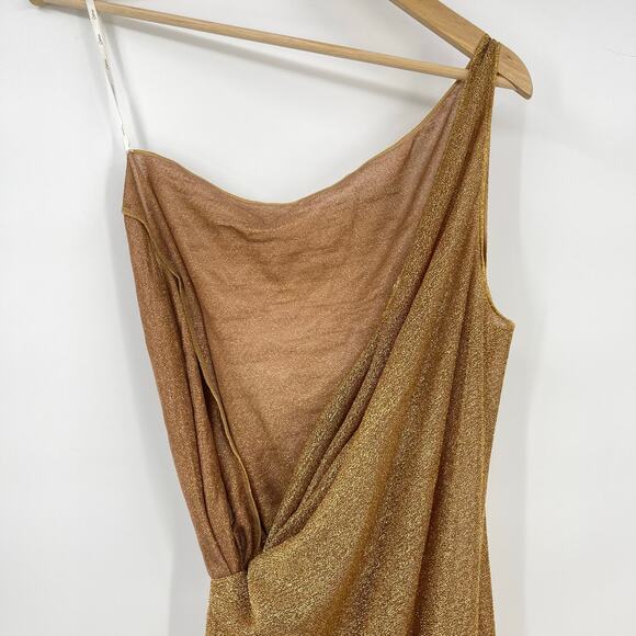 Oseree | SS24 Lumière Knot Dress Toffee Gold Glitter One Shoulder Midi Dress M-L - Picture 11 of 16